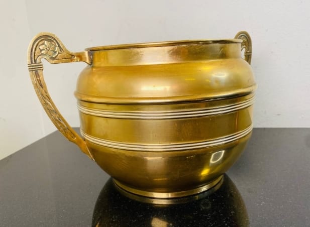 Antique and very beautiful Art Nouveau yellow copper flower pot